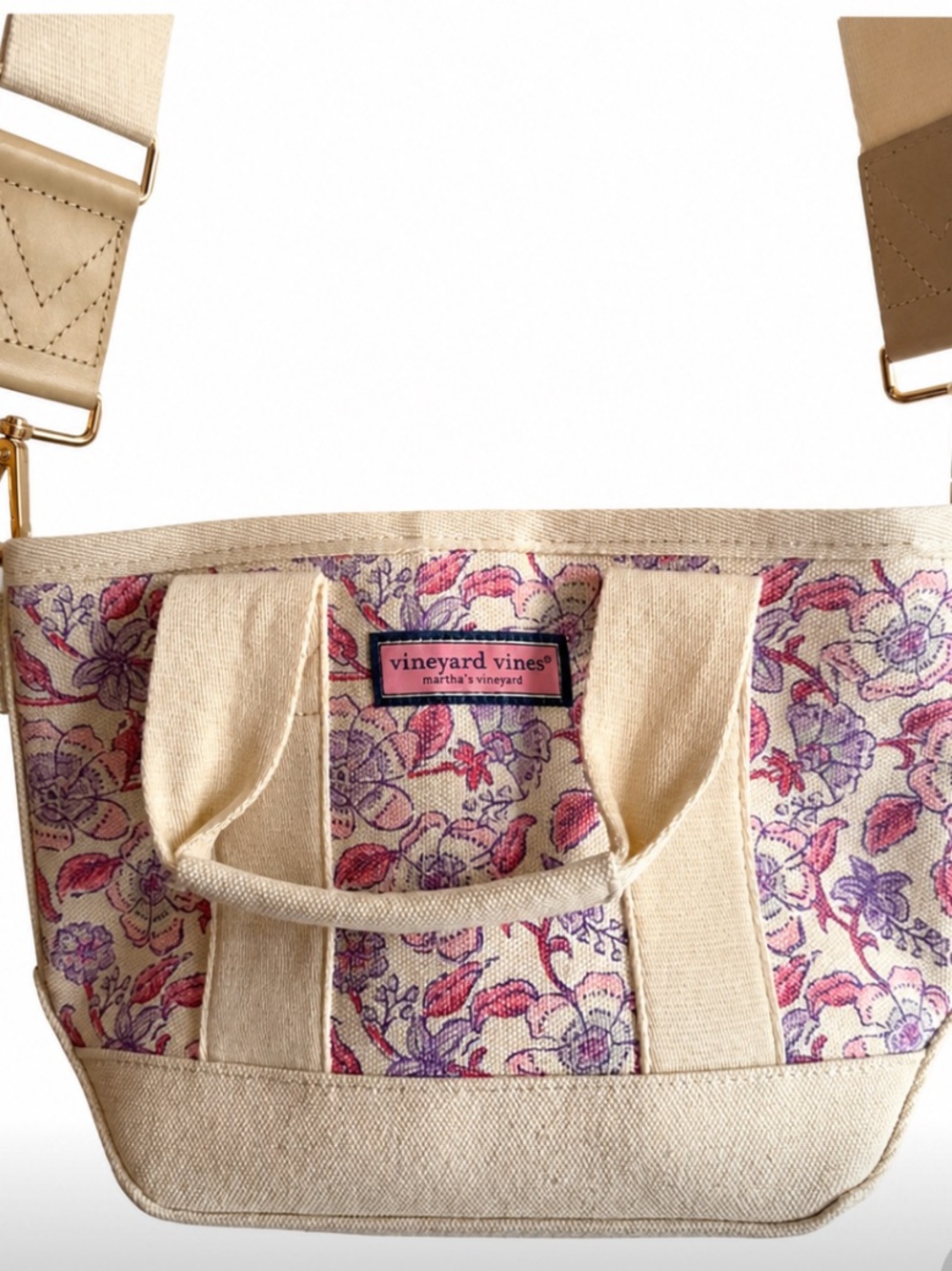 Vineyard Vines Cream Floral Canvas Crossbody Bag with Pink Accents